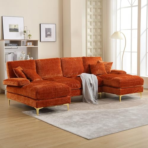 Sofa mit Schlaffunktion, Big Sofa 4 Sitzer U Form Modernes Design, Polstermöbel Loungesessel mit doppelten Liegesitzen , Wohnzimmer Möbel Schlafsofa für Wohnzimmer Wohnung Villa, Chenille Orange
