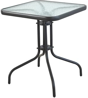 HERSIG - Mesa de Jardin Cuadrada de Acero y Vidrio Templado - Mesa Exterior Negro 60x60x70 CM - Mesas de Terraza y Jardín Cuadradas Resistentes - Mesas para Verano Exterior con Cristal Texturizado
