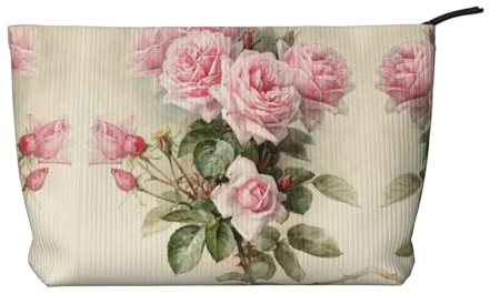 Pink Vintage Rose Corduroy Makeup Bag Travel Organizer Bag Cosmetic Bag Large Wide-Open Pouch