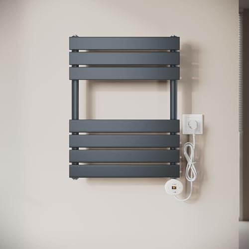SONNI Badheizkörper elektrisch 650x400mm Anthrazit mit WIFI Smart Heizstab 400 Watt, Flach Handtuchheizkörper elektrischer handtuchheizkörper mit Smartes Heizelement für Badheizkörper APP-Steuerung