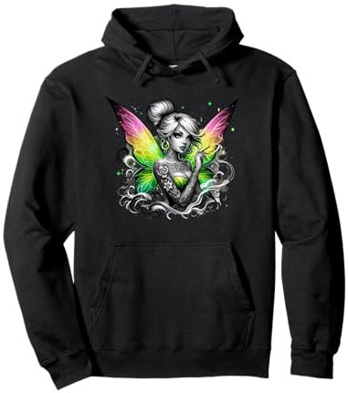 Joli t-shirt fée noir et blanc avec ailes colorées. Magique Sweat à Capuche