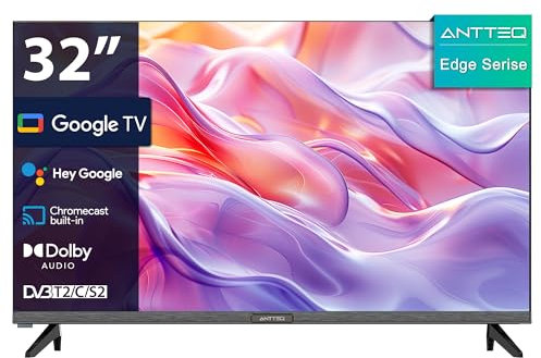 Antteq Smart TV 32 Pulgadas G32 sin Marcos (80 cm), HD TV Compatible con Google OS, Asistente de Voz,Dolby Audio, Bluetooth 5.1, Triple Sintonizador (DVB-T/T2-C-S/S2), HDMI, USB, Youtube, Prime Video