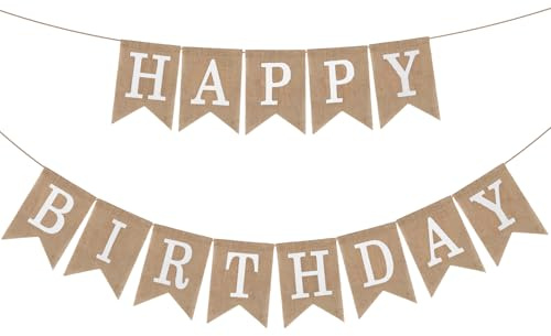 Happy Birthday Girlande Weiß, Geburtstag Vintage Banner, Happy Birthday Deko, Wimpelkette Stoff für Geburtstag Party Dekoration
