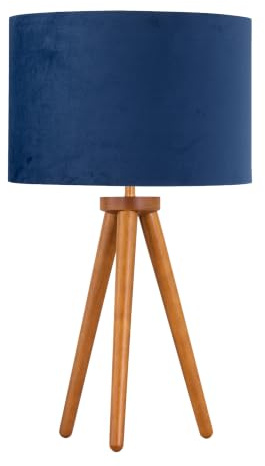 firstchoicelighting Modern Dark Oak Table Lamp or Bedside Light, Wood Tripod Design, Blue Velvet Shade