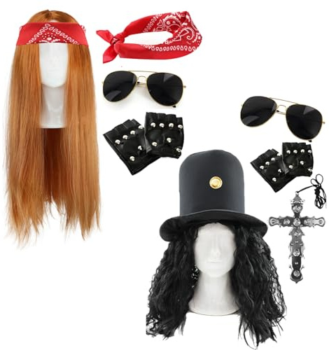 Rockstar Duo Costume Set – 80s Fancy Dress Set with Wig, Hat with Hair, Red Paisley Bandana, Glasses, Gloves & Cross Necklace – Guitar Legend Outfit