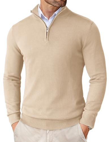 COOFANDY Men's Jumpers Sweater Winter Slim Fit Half Zip Pullover Knitted Jumper Long Sleeve Ribbed Tops Polo Neck Soft Work Jumpers for Men Cozy Skin Colour XL