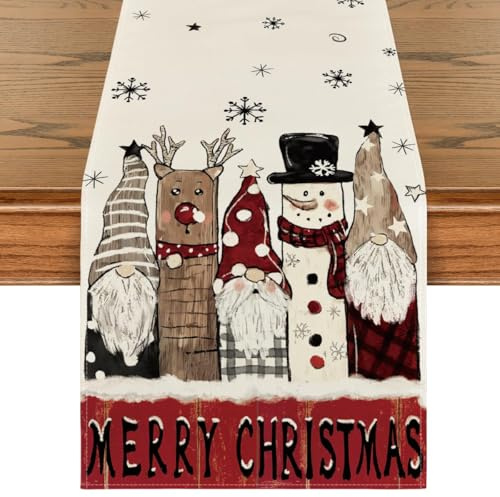 Kevsuvqin Tischläufer Weihnachten 183 x 33cm, Leinen Weihnachtstischläufer mit Schneeflocken, Schneemann,Rentier & Zwergen, Abwaschbar Weihnachts Tischläufer für Weihnachtstisch Deko Winter Tisch Deko