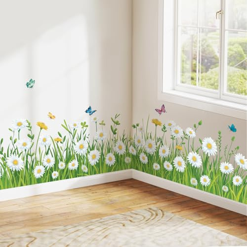 SHUCHING Daisy Baseboard Wall Stickers Removable Vinyl, Green Grass Skirting Line Wall Decals Decoration Art for Bedroom Living Room