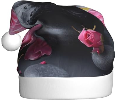 GUOLGP Gorro de Navidad con estampado de piedras y rosas para spa, gorro de Papá Noel, celebraciones, unisex, accesorio de disfraz de fiesta de Navidad