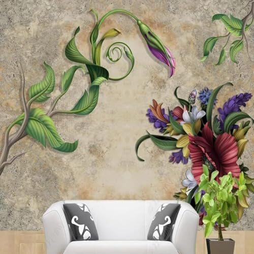 XLMING Retro Nostalgic Watercolour Leaves Flowers Art 3D Wallpaper Premium Textured Silk Study Dining Living Room Bedroom Sofa TV Wall Easy Install-250cm×170cm