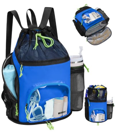 WANDF Swim Bag Mesh Drawstring Backpack with Dual Wet Compartments, 40oz Water Bottle Pocket & Transparent Front Pocket Sandproof Beach Bag for Swimming, Pool, Gym and Workout Gear (Blue)