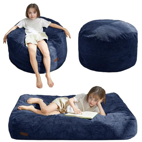 MAXYOYO Bean Bag Chair Bed for Kids, Convertible Bean Bag Folds from Lazy Chair to Floor Mattress Bed, Machine Washable Corded Fabric, Stuffed Floor Sofa Couch for Boys and Girls, Navy