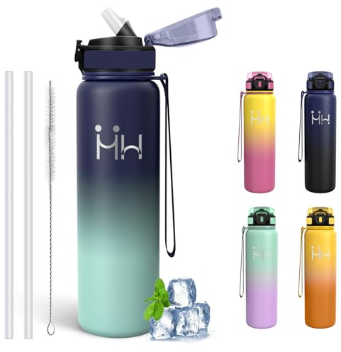 Mujigaga Thermosflasche, Trinkflasche 1l, BPA-Frei, Trinkflasche Sport, mit Strohhalm, Auslaufsicher, Wasserflasche Doppelwandige, Wasserflasche für Schule, Wandern, Triathlon, Fitness, Camping