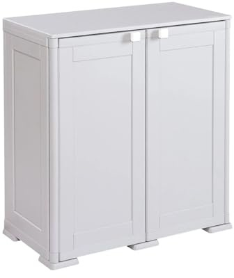 MA MAISON Armadio Basso in Plastica da Esterno 79x43x85,5 cm, con 2 Ripiani – Mobile Contenitore Compatto Salvaspazio per Balcone, Terrazza e Organizzazione Casa (Grigio)