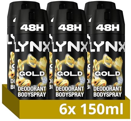 Lynx Gold Aerosol Body Spray Men's Deodorant Spray with an oud wood & fresh vanilla scent for 48 hours of odour busting, high defnition fragrance 6x 150 ml