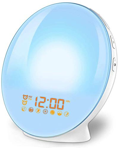 imoebel Despertador Luz, Wake Up Light Despertadores Luces LED, Despertador Digital, Simulación de Amanecer/Anochecer, Radio FM, 7 Sonidos Naturales 7 Luces de Colores Función Snooze