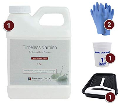 Breathing Color Timeless Archival Print Varnish Kit - 1 Pint, Glossy Finish, Best Canvas Coating, Certified Archival Quality, Includes Foam Roller, Mixing Cups, and Gloves Bundle