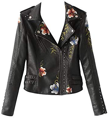 GuoCu Kvinnors blommiga broderade fuskläder motorcykel jacka blazer rockar, Svart, M