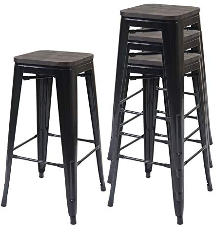Mendler 4er-Set Barhocker HWC-A73 inkl. Holz-Sitzfläche Metall - schwarz | Barstuhl, Tresenhocker, Industriedesign, stapelbar