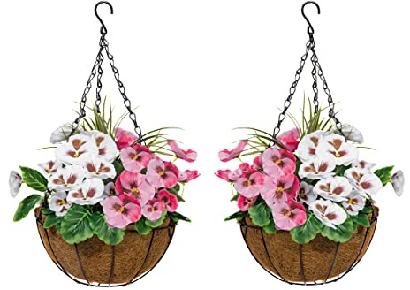 GreenBrokers Lot de 2 paniers à Suspendre en Coco avec pensées artificielles et Herbes décoratives Rose et Blanc