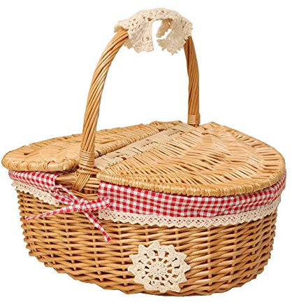 Milopon Picknickkorb mit Deckel Weidenkorb aus Rattan-Korb geflochtenem, Country Style Korb mit rotem und weißem Checker-Muster-Baumwollinnenfutter, Präsentkorb für Picknicks Partys