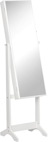 HOMCOM Full Length Mirror with Storage, Jewellery Cabinet with Mirror, Adjustable Angle and Stand, Lockable Jewellery Organiser for Bedroom Dressing Room, White