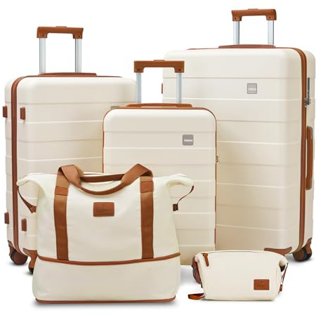 imiomo Hard Shell Luggage Sets 5 Piece for Women, Lightweight Hardside Rolling Suitcase Set with Spinner Wheels and TSA Lock, Beige