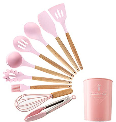 Ensemble d'ustensiles de cuisine en silicone - 10 ustensiles de cuisine - Spatule - Cuillère à soupe - Rose