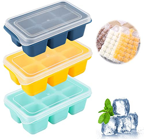 3 Ice Cube Trays and 4 Ice Cube Bags, Mini 6-Compartment Ice Cube Molds, Soft Reusable, Removable Easy Release Ice Molds with Lids, Suitable for Freezer, Drinks, Cocktails