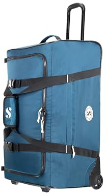 SCUBAPRO Sport 105 Wheeled Dive Bag with Telescopic Double-Bar Tow Handle, Carry Handles and Double Duffel Straps for Scuba Diving Gear, Denim Blue Color Fabric