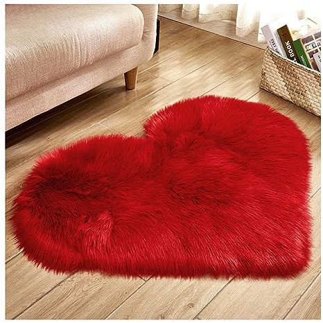 Yurosiay Herzform Kunstfell Teppich Flauschige Lammfellimitat Teppich Super Weich Faux Fellteppich Bettvorleger Wolle Kunstfell Matte Waschbar Longhair Fellteppich Herz für Haus Rot 30×40cm