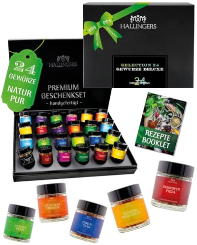 Hallingers Genuss Manufaktur Gewürz Geschenk-Set - 24 Gewürze aus aller Welt in wertiger Geschenkbox mit Rezept-Booklet Gewürze Deluxe ..., Geschenkidee für Frauen Männer