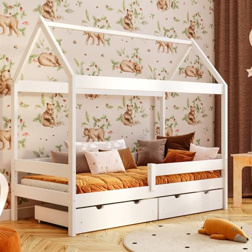 YOUKO Hausbett Kinderbett 190x90 - Bett für Kinder aus Kiefernholz - Montessori Bett mit Rahmen und einem Dach aus Latten - Holzbett Kiefer Ohne Matratze
