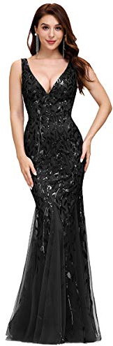 Ever-Pretty Damen Formelles Kleid Pailletten Tüll Doppelter V-Ausschnitt Ärmellos Meerjungfrau Langes Abendkleid 07886