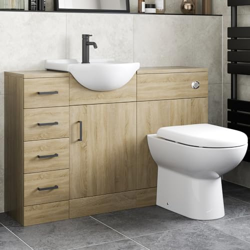 Affine® 1165mm Toilet Vanity Unit Reversible Combination Bathroom Suite Furniture Set, Freestanding Drawer Cabinet, Wash Basin Sink, WC Pan, Seat & Concealed Cistern, Oak Effect