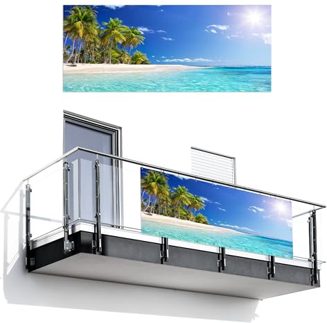 MuchoWow© Balkon Sichtschutz Einseitig 120x300 cm Groß Terrassen Gartenzaun Balkonfächer ohne Bohren Wetterfest für Zaun Terrasse Balkonbespannung Seitenschutz Strand - Meer - Palme - Sommer