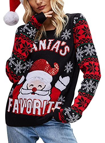 IFFEI Womens Ugly Christmas Sweater Novelty Print Crew Neck Sweater Black 3X-Large