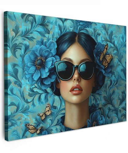 MuchoWow© Leinwand Deko Schlafzimmer Aesthetic Leinwandbilder Wohnzimmer | 70x50 cm - Gemälde Foto Geschenk Living Room Decoration Frau - Blumen - Schmetterlinge - Blau - Abstrakt