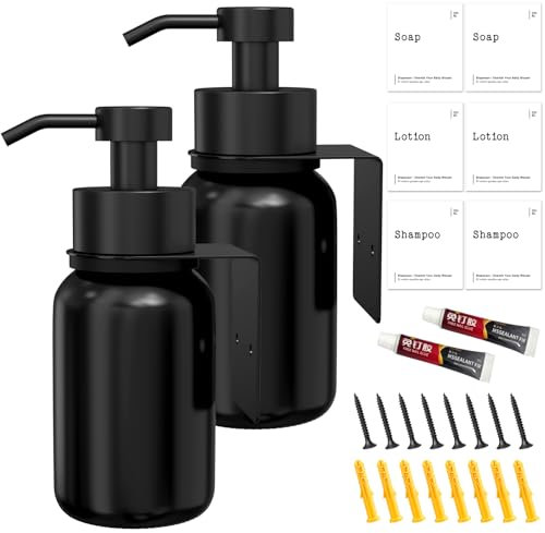 TEHEO Seifenspender Wandbefestigung 250ml Glas Schwarz, Wandseifenspender Kleben oder Bohren,Bad Soap Dispenser, Spülmittelspender, Shampoo Spender für Dusche [2 Stück]