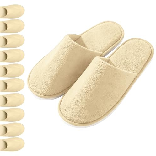 UINOFER Spa Slippers, Disposable Hotel Cotton Velvet Closed Toe Slippers for Home, Bedroom, Bathroom, Indoor, Hotel or Commercial Use (Beige)