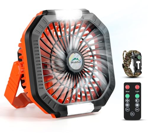 WEEKSUN Camping Ventilator, USB-Ventilator mit Licht, Haken, Aromatherapie-Abdeckung, Paracord-Armband, 4 Geschwindigkeiten, 10000 mAh Tischventilator für Camping, Reisen, Büro，Schlafzimmer