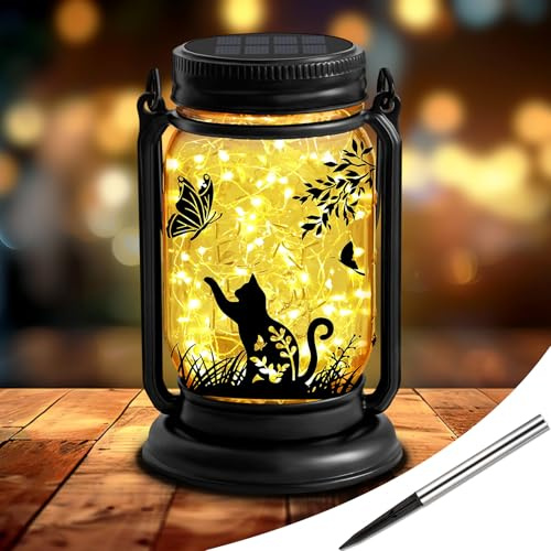 Katzen Solarlaterne Außen Gartendekor, 3-in-1 Katze Maurer Glas hängende Laternen mit Stake, Geschenke für Katzenliebhabe Mutter Weihnachten, Freien Wasserdicht Lichter für Patio Yard Balkon