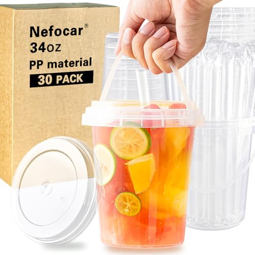 30 Pack 34oz Plastic Cups with Lids and Straws, Disposable Coffee Cups with Lids, Sturdy & Food Safe To Go Cups for Cold & Hot Drinks/Smoothies, Fruit Drinks Cups for Summer Beverages, Bar/Beach Party