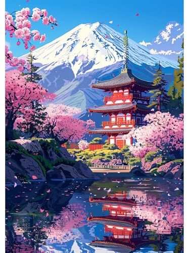 NEWENMO 5D Monte Fuji Diamond Painting per Adulti,Bella Fiori di Ciliegio Pittura Diamante Kit Completo,Tempio Giapponese Diamond Art Kits,Fai Da Te Diamant Painting Set,per Decorazione Casa 30x40cm