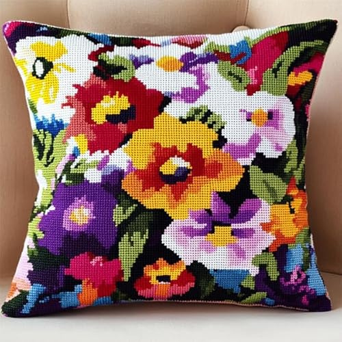 ANSIWEIGO Juego de cojines de nudos para principiantes, adultos o niños, para anudar tú mismo, paquete de anudados, 43 x 43 cm, flores silvestres coloridas