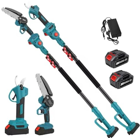 Forbice da Potatura a Batteria, Motosega a Batteria 6 Pollici incluso, + Asta Telescopica 128-248cm, Kit 3 in 1, Cesoie Elettriche per Potatura Giardino Rami Arbusti Vigneto