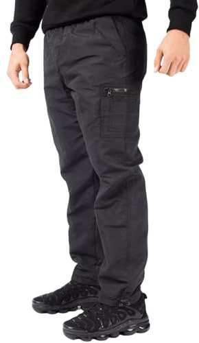 Stylo Online Men’s Thermal Fleece-Lined Cargo Trousers – Elasticated Waist | Combat/Work/Walking Pants – Windproof, Water-Resistant, Multi-Pocket Black 3XL