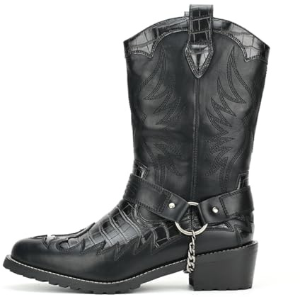 WEOOAR Cowboy Boots for Men Western Men's Boots with Fashion Metal Chain (Black, 12.5)