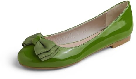 FEVERSOLE Women's Round Toe Cute Bow Trim Ballet Flats Emerald Patent Size 7 M US