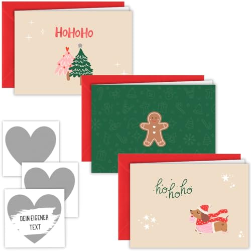 Set di 3 biglietti da grattare natalizi - Biglietti pieghevoli con buste e cuori da grattare argentati - Biglietti voucher fai da te con motivi natalizi - Sorpresa per Natale
